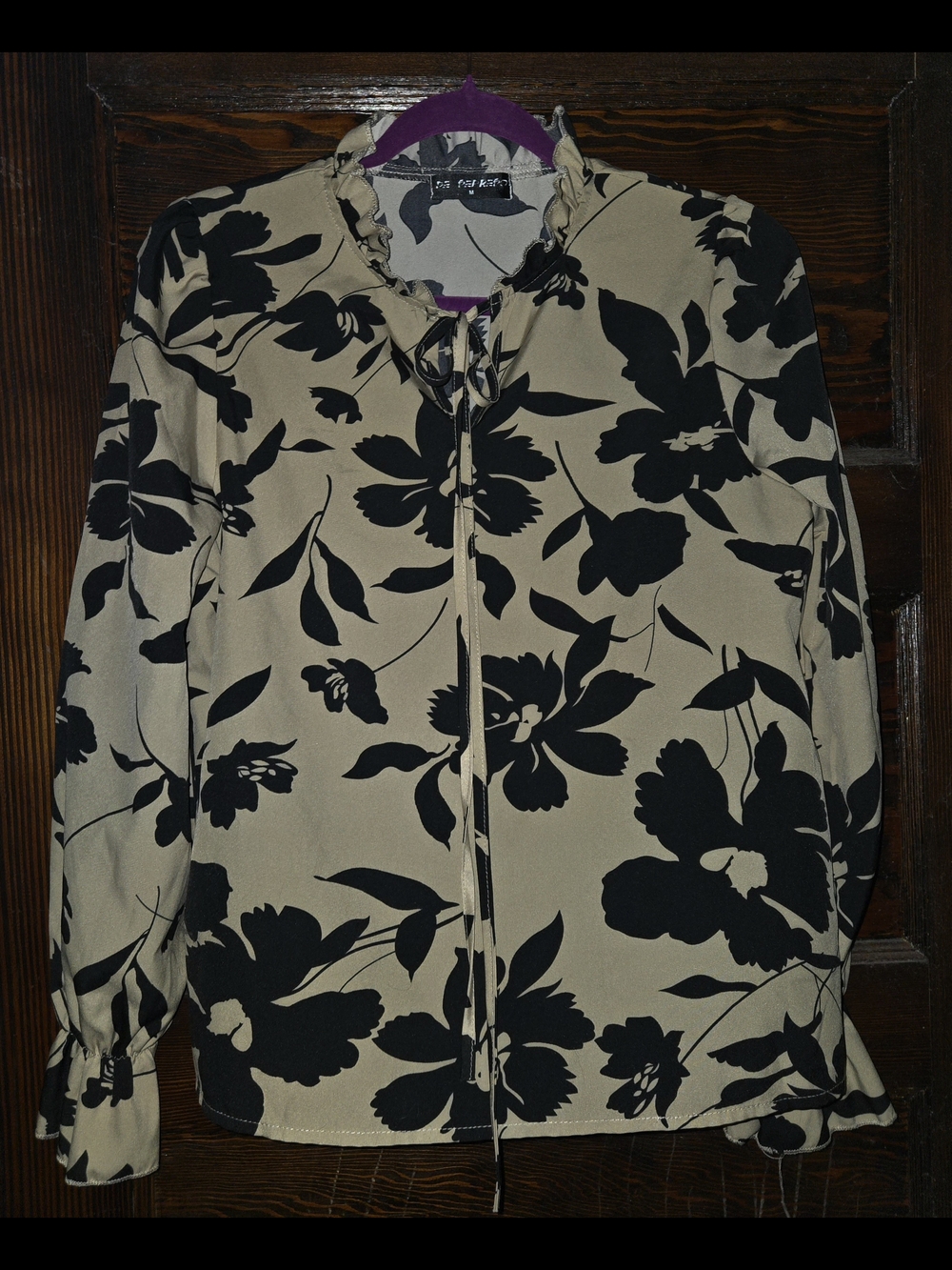 Black and Beige Thin Floral Print Tie-Neck Blouse